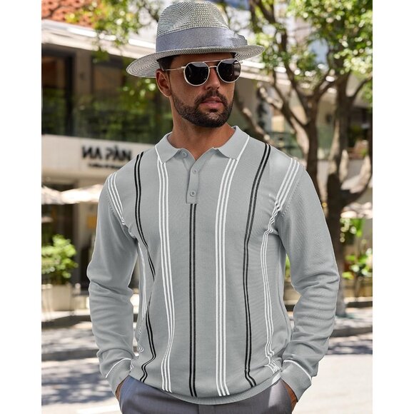 Men's Knit Polo Sweater Long Sleeve Striped Thermal Button Collar Sweater Grey - Picture 5 of 7